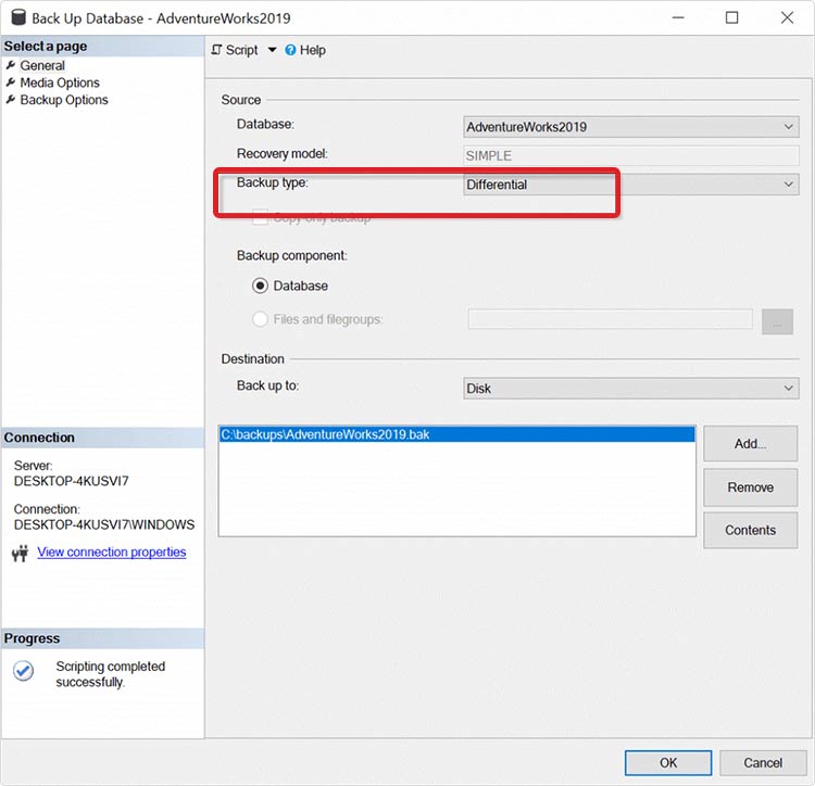 click backup type drop down to select differential backup